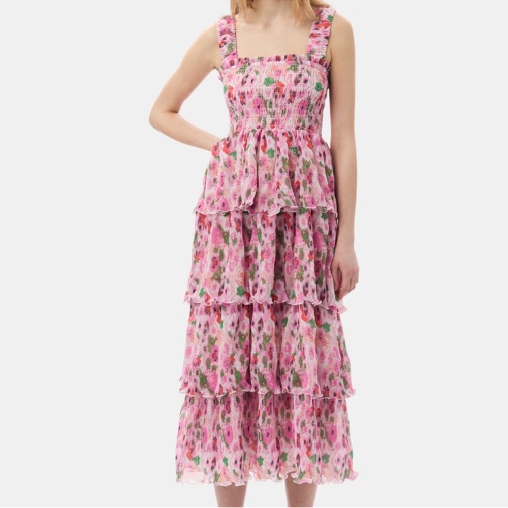 Ganni Pink Floral Tiered Midi Dress
